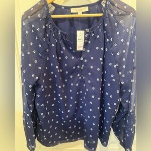 LOFT Dark Blue Floral Button-Up Blouse. large